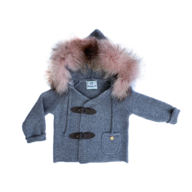 Honeycomb Grey Cashmere Pram Coat with Dusty Pink Trim