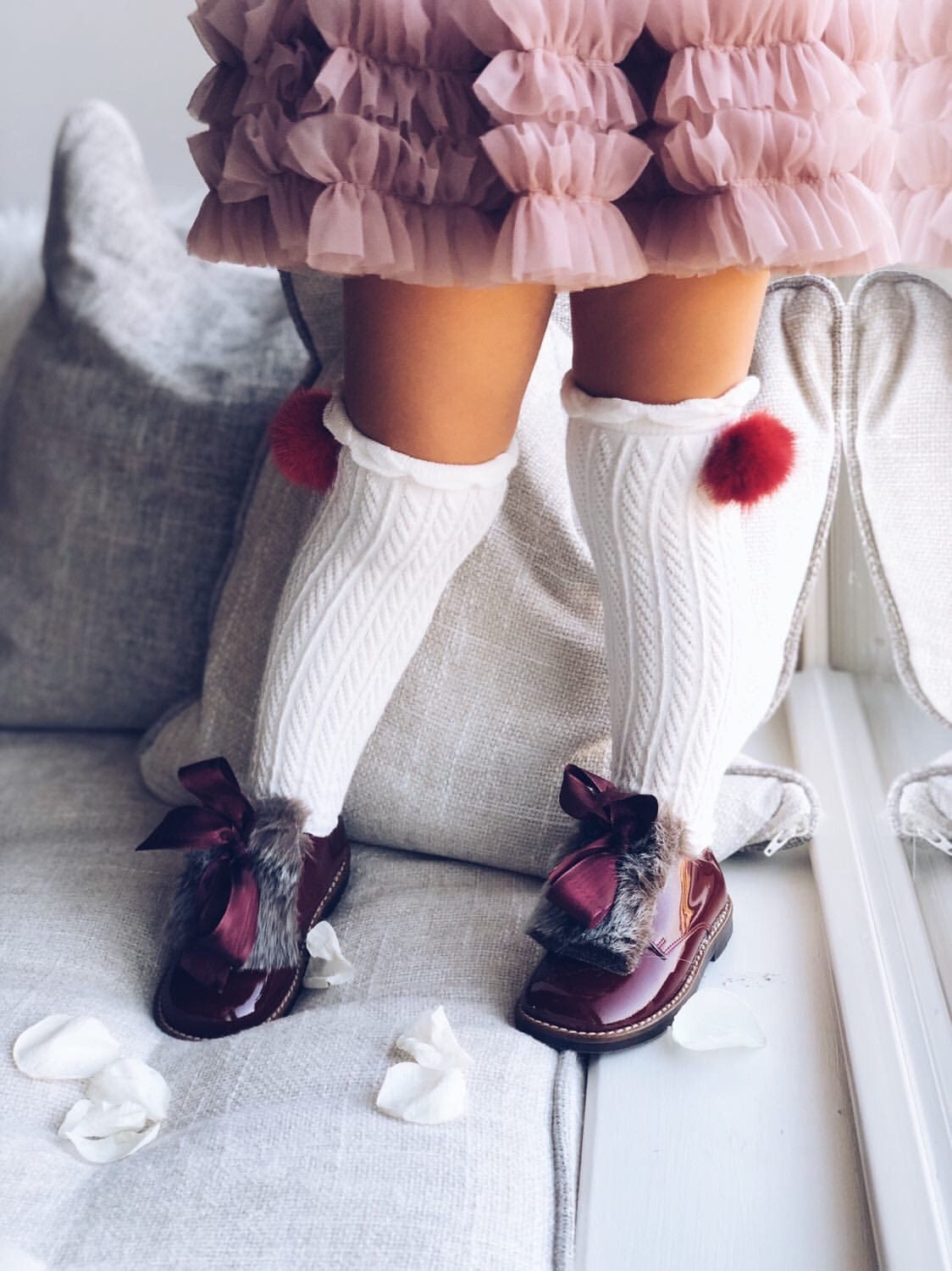 White Knee High Socks with Poms - Petit Maison Kids