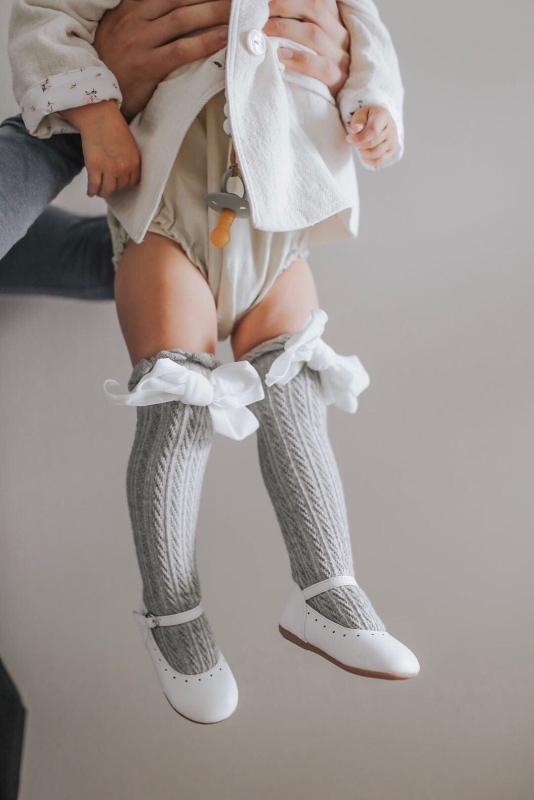 Grey Knee High Socks with Velvet Bows - Petit Maison Kids