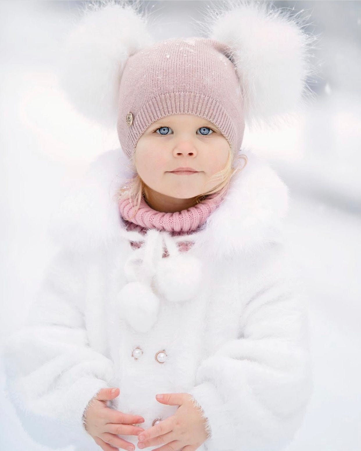 Dusty Beige Angora Double Pom Beanie Hat - Petit Maison Kids