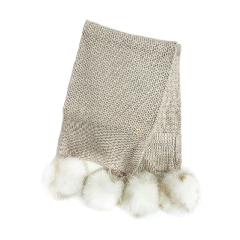 Honeycomb Beige Cashmere Fur Pom Scarf - White Fur Poms