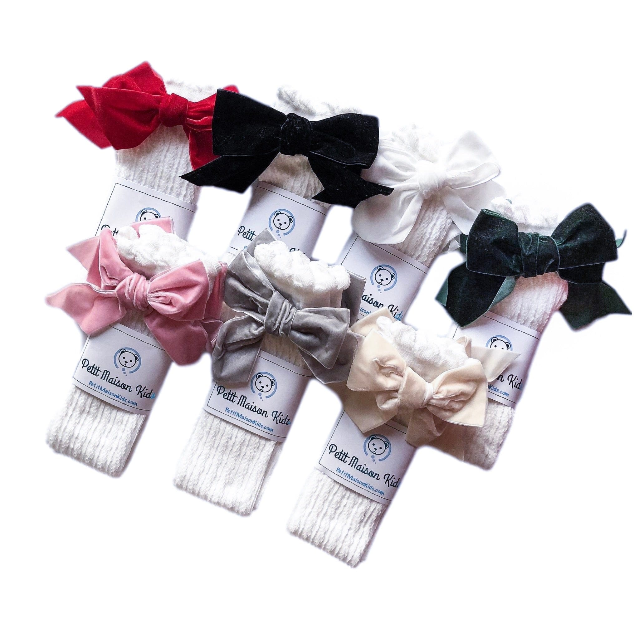 White Knee High Socks with Velvet Bows - Petit Maison Kids