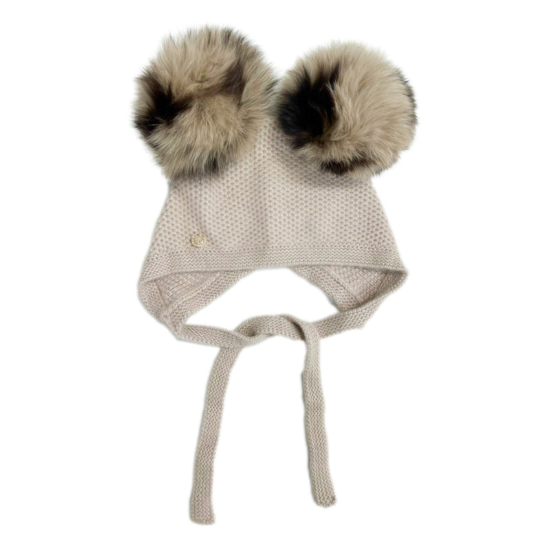 Honeycomb Beige Cashmere Bonnet with Animal Print Poms