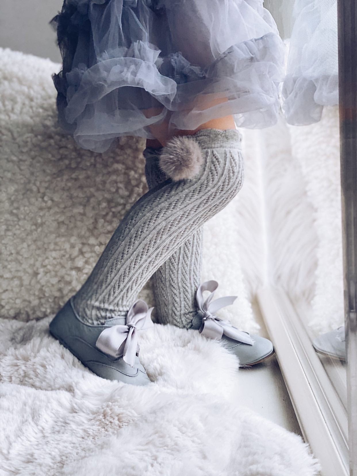 Grey Knee High Socks with Poms - Petit Maison Kids