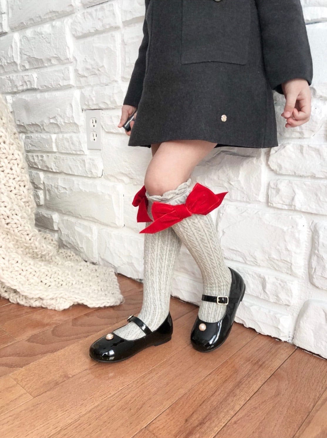 Grey Knee High Socks with Velvet Bows - Petit Maison Kids