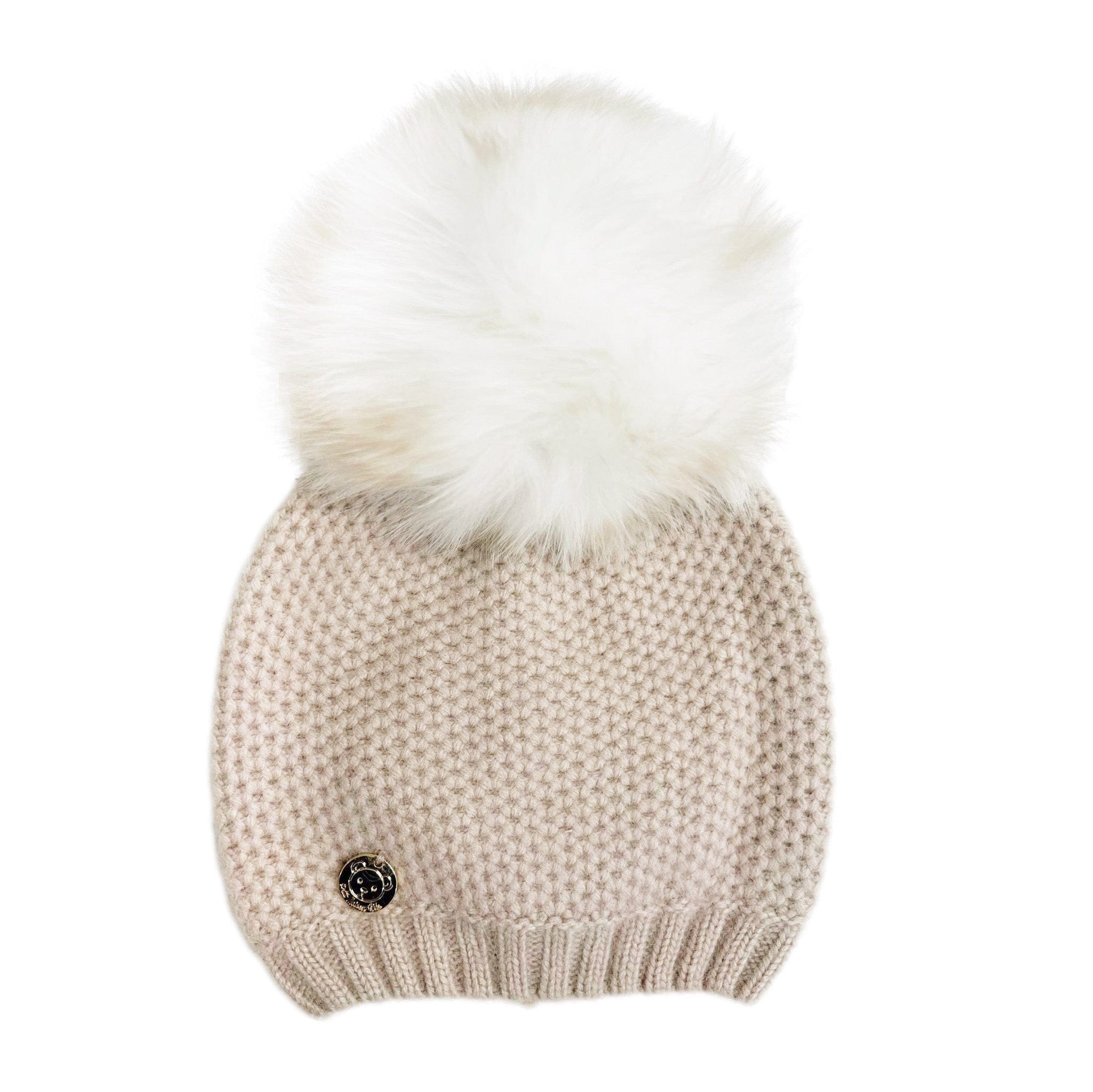 Honeycomb Beige Cashmere Beanie with White Print Pom