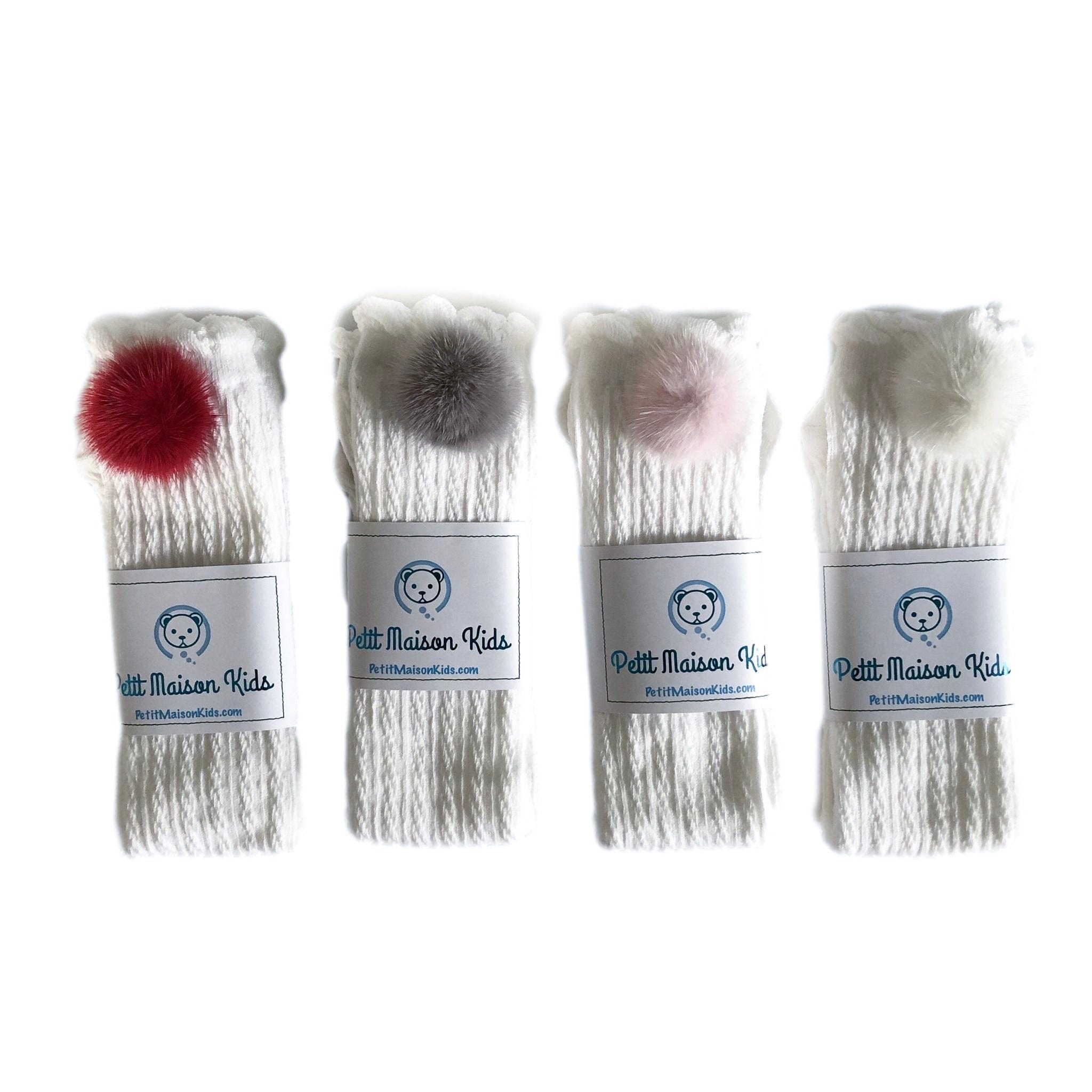 White Knee High Socks with Poms - Petit Maison Kids