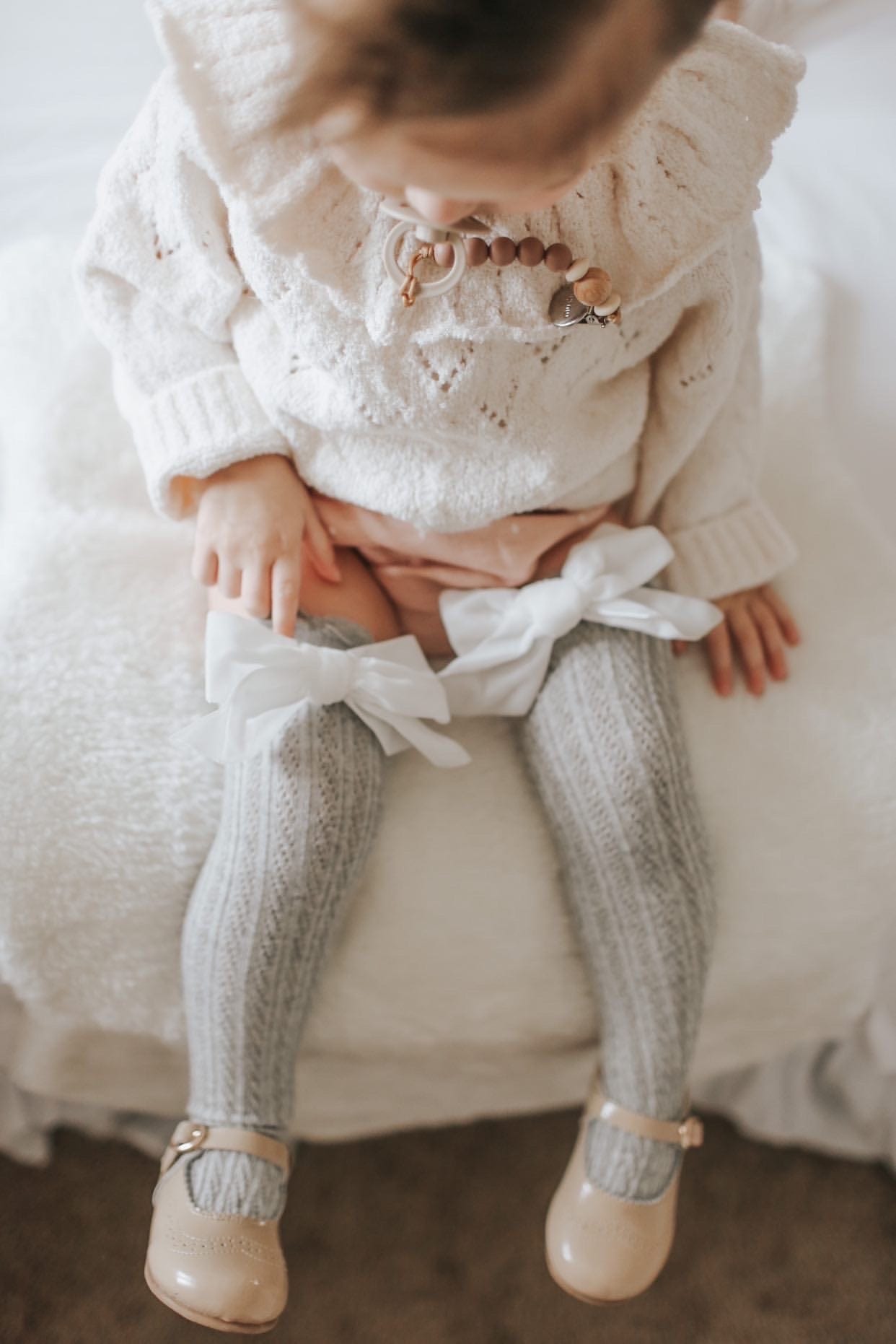 Grey Knee High Socks with Velvet Bows - Petit Maison Kids