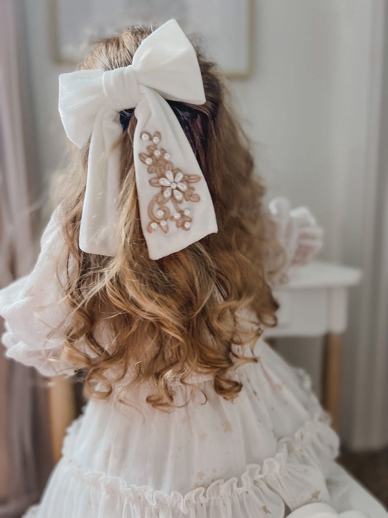 Embroidered Velvet Pearl Hair Bows - Petite Maison Kids