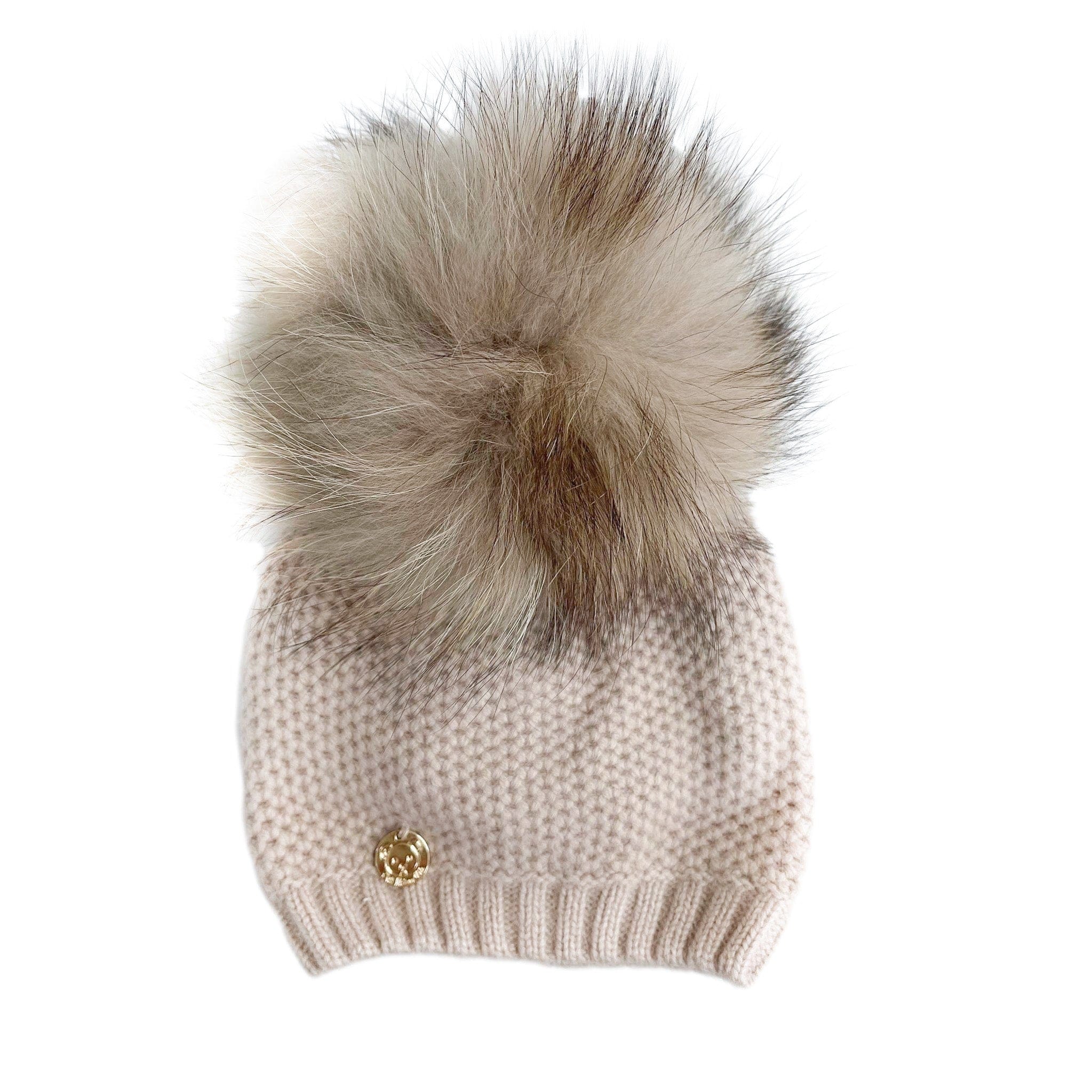 Honeycomb Beige Cashmere Beanie with Beige Pom