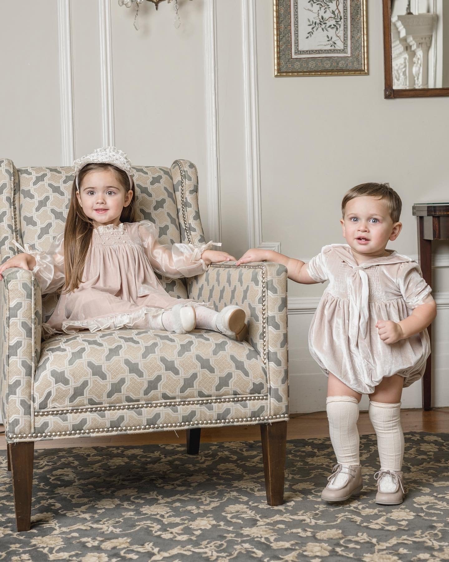 Helena Velour Beige Dress With Organza Sleeves - Petite Maison Kids