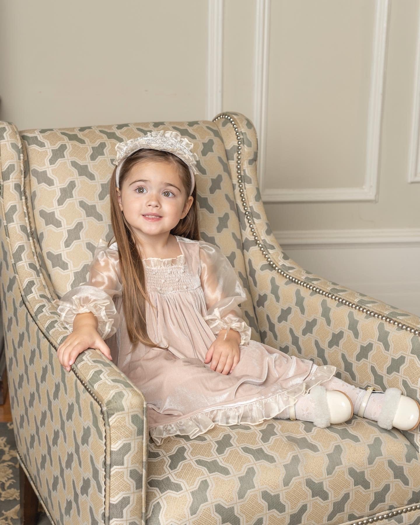 Helena Velour Beige Dress With Organza Sleeves - Petite Maison Kids