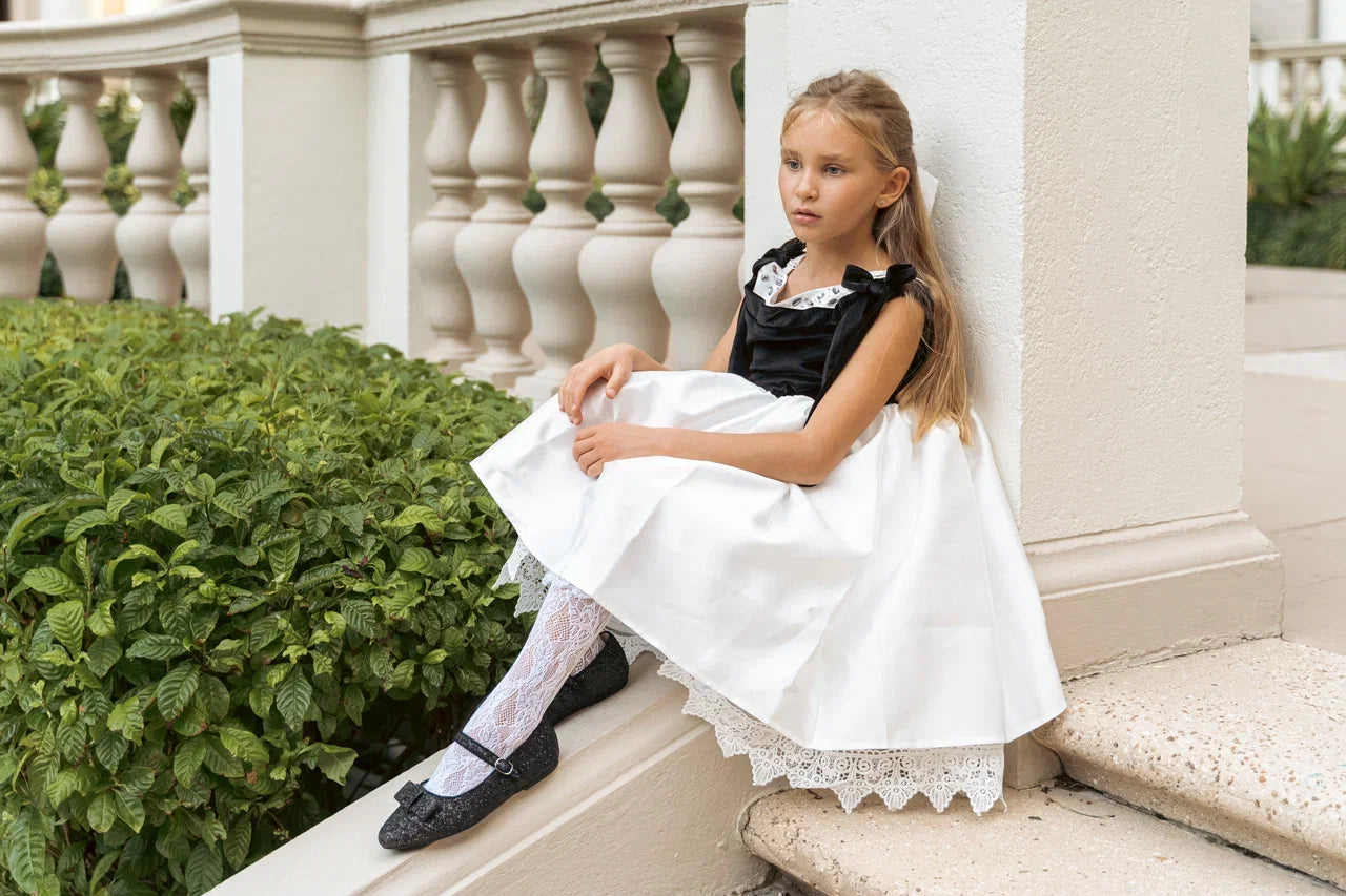 Audrey Black Velour Top and White Sateen Dress