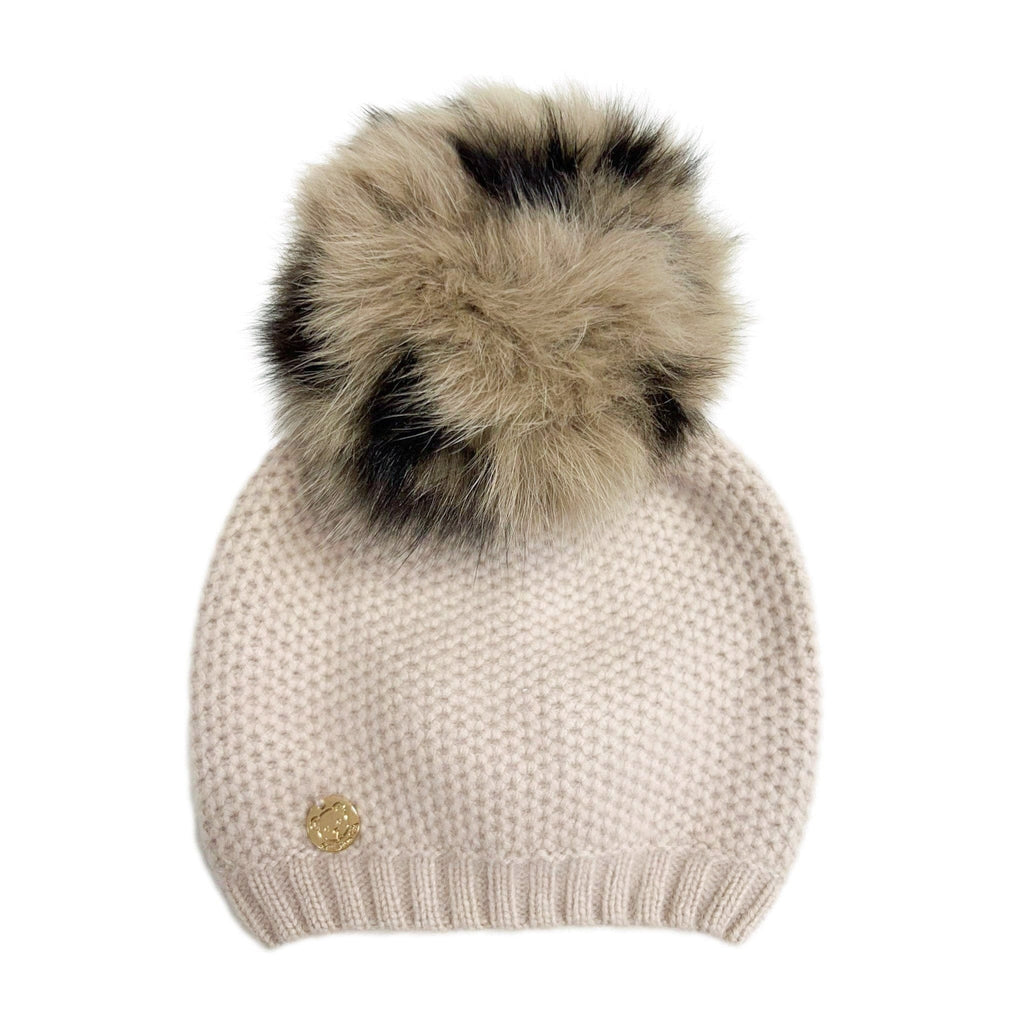 Honeycomb Beige Cashmere Beanie with Animal Print Poms