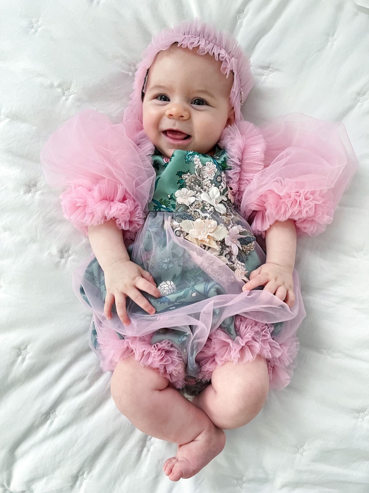Eva Pink and Green Floral Tulle Romper