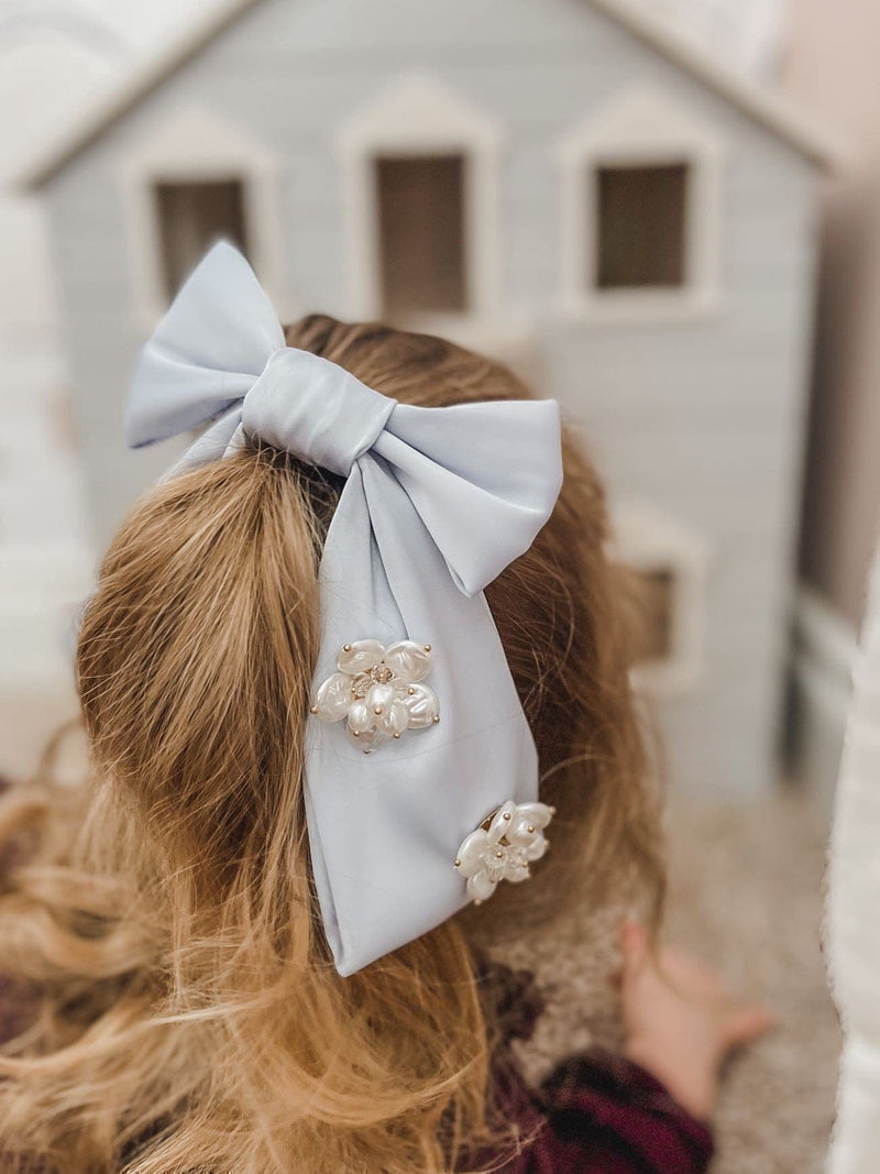 Anise Satin Embroidered Hair Bows - Baby Blue