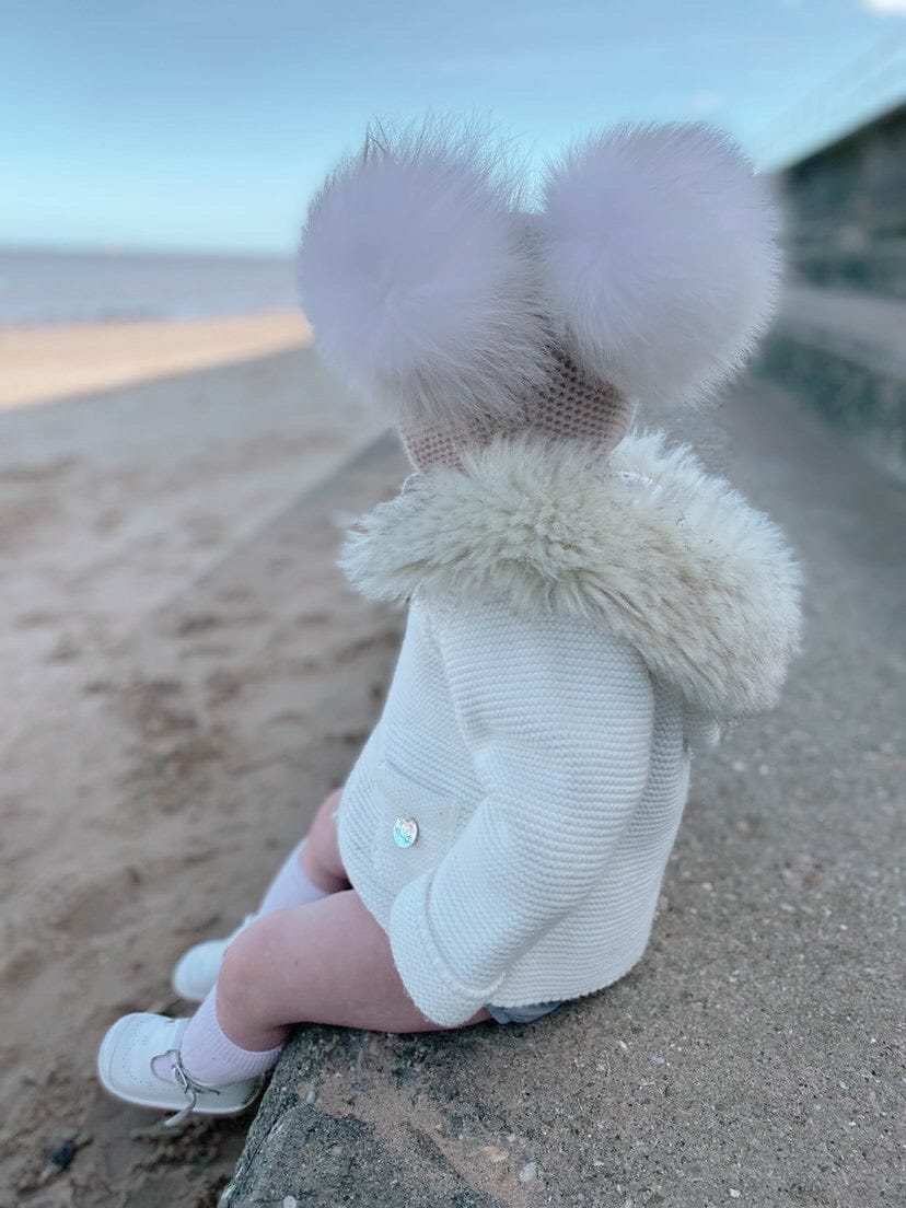 Honeycomb Beige Cashmere Bonnet with White Print Poms - Petite Maison Kids