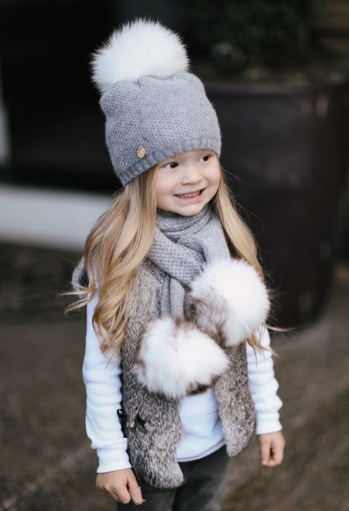 Honeycomb Grey Cashmere Pom Scarf - Petite Maison Kids