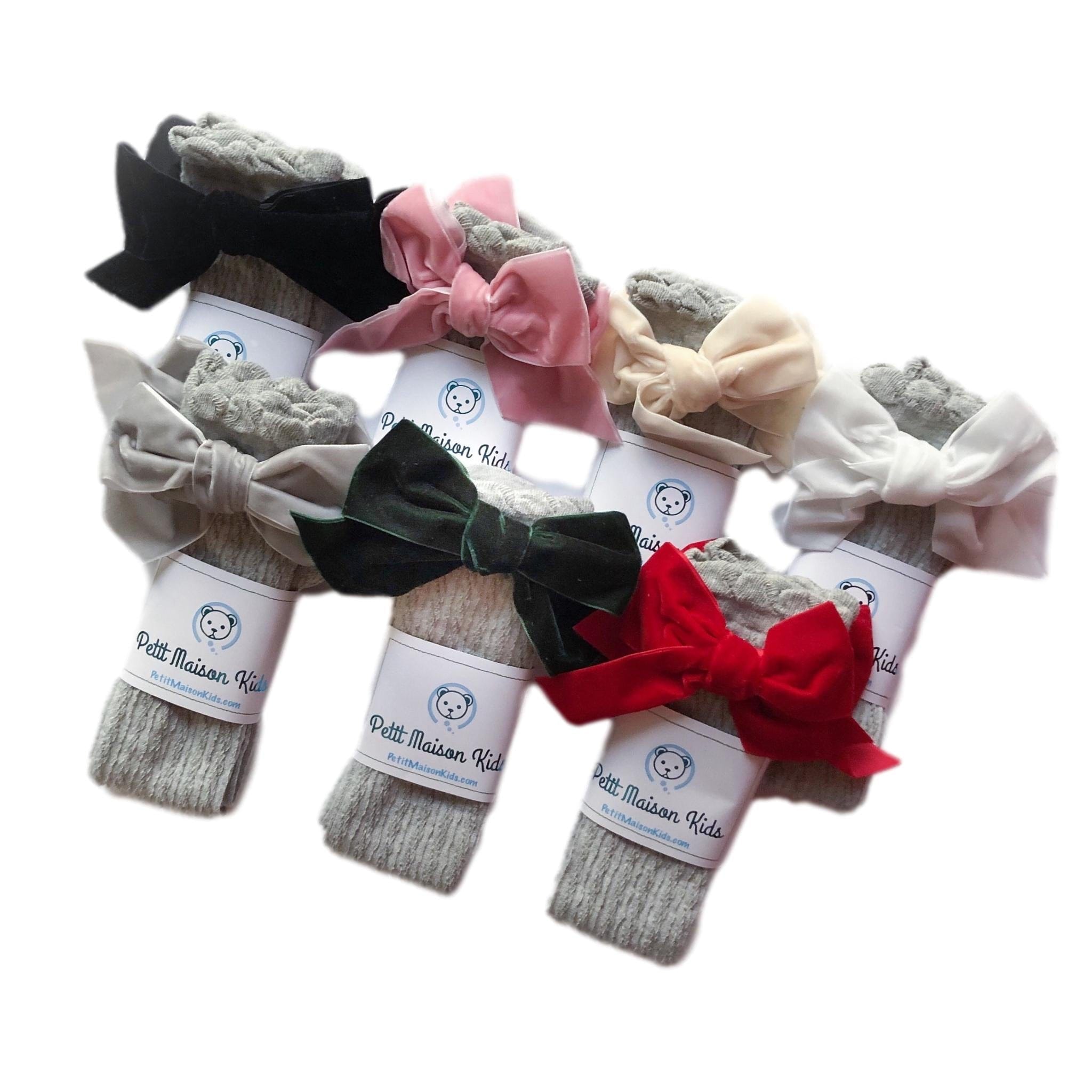 Grey Knee High Socks with Velvet Bows - Petit Maison Kids