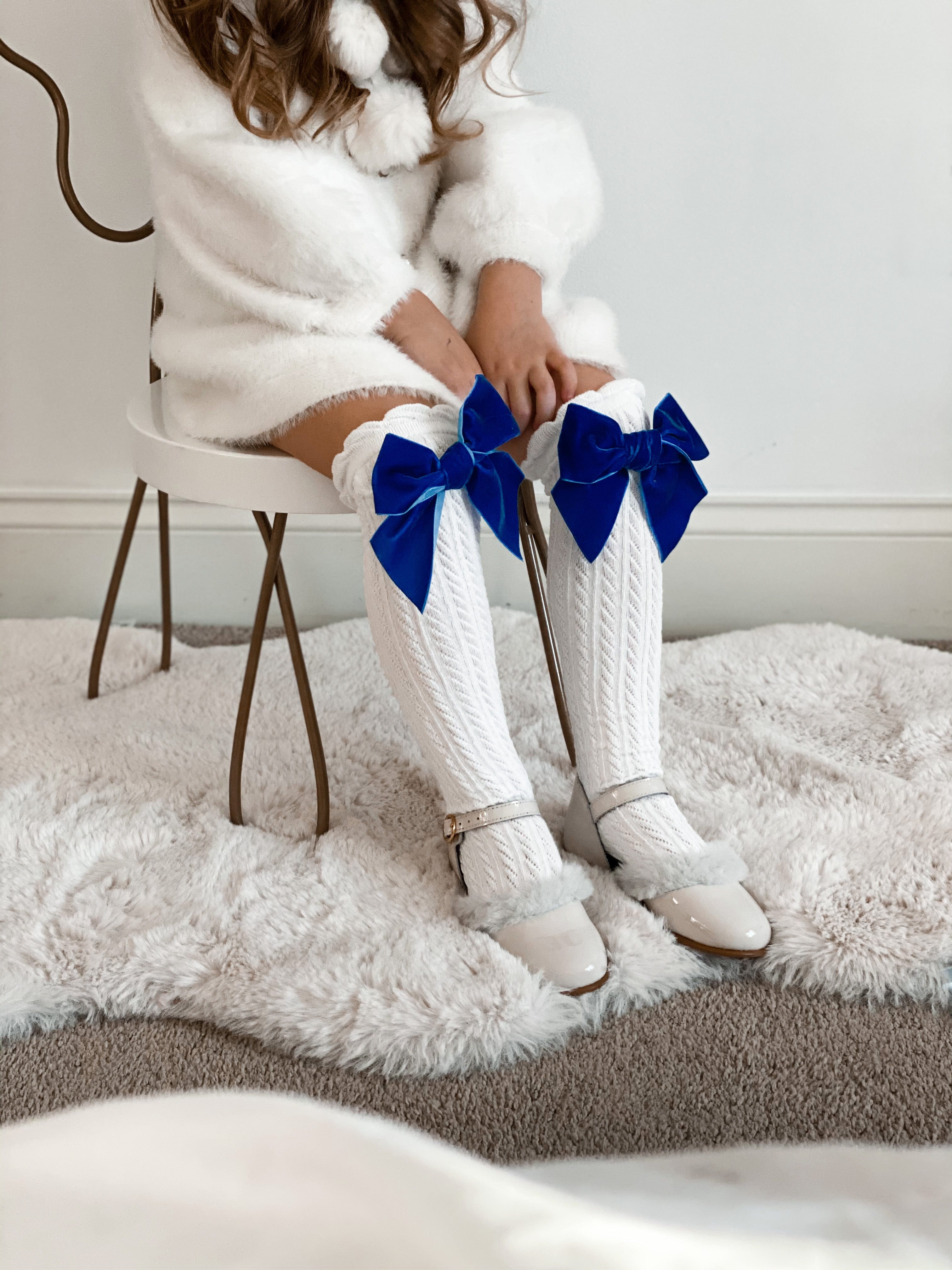 White Knee High Socks with Velvet Bows - Petite Maison Kids