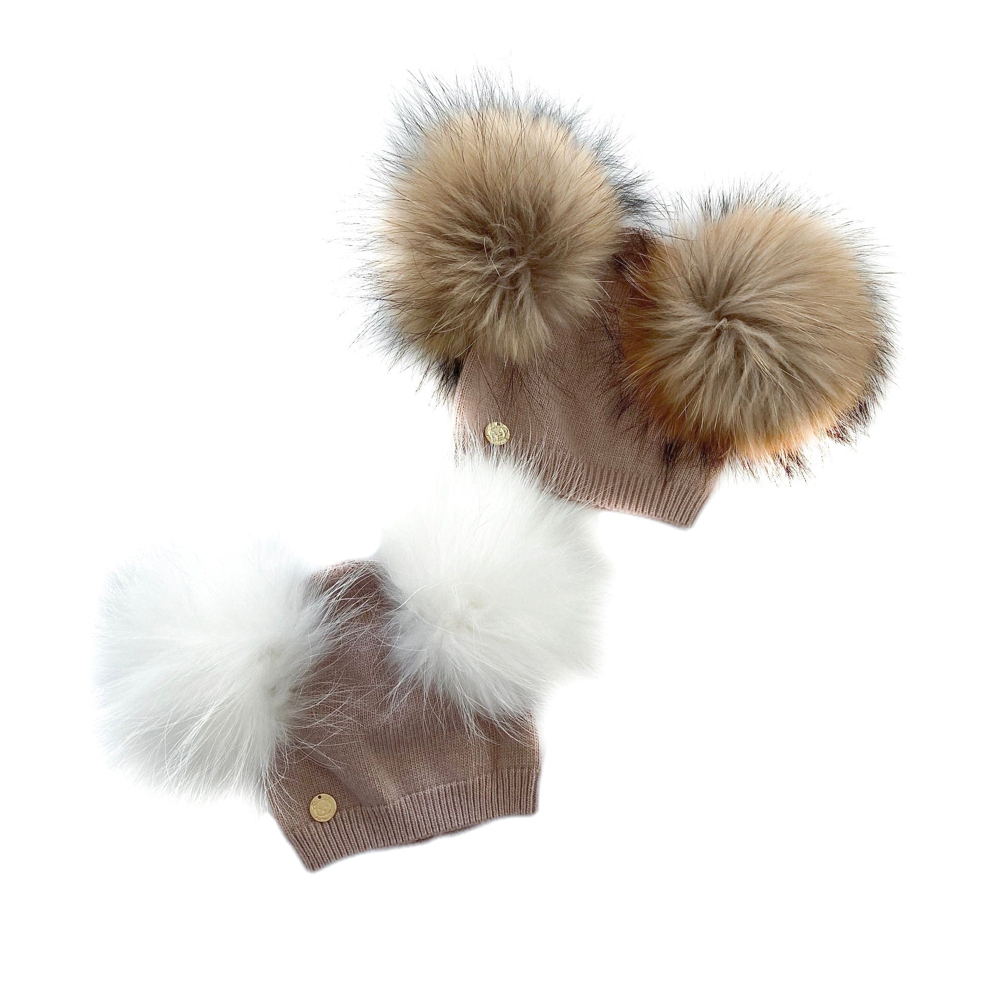 Dusty Beige Angora Double Pom Beanie Hat - Petit Maison Kids