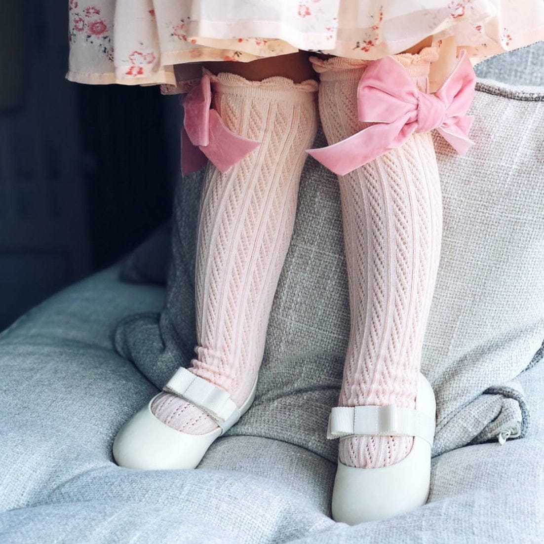 Peach Knee High Socks with Velvet Bows - Petit Maison Kids
