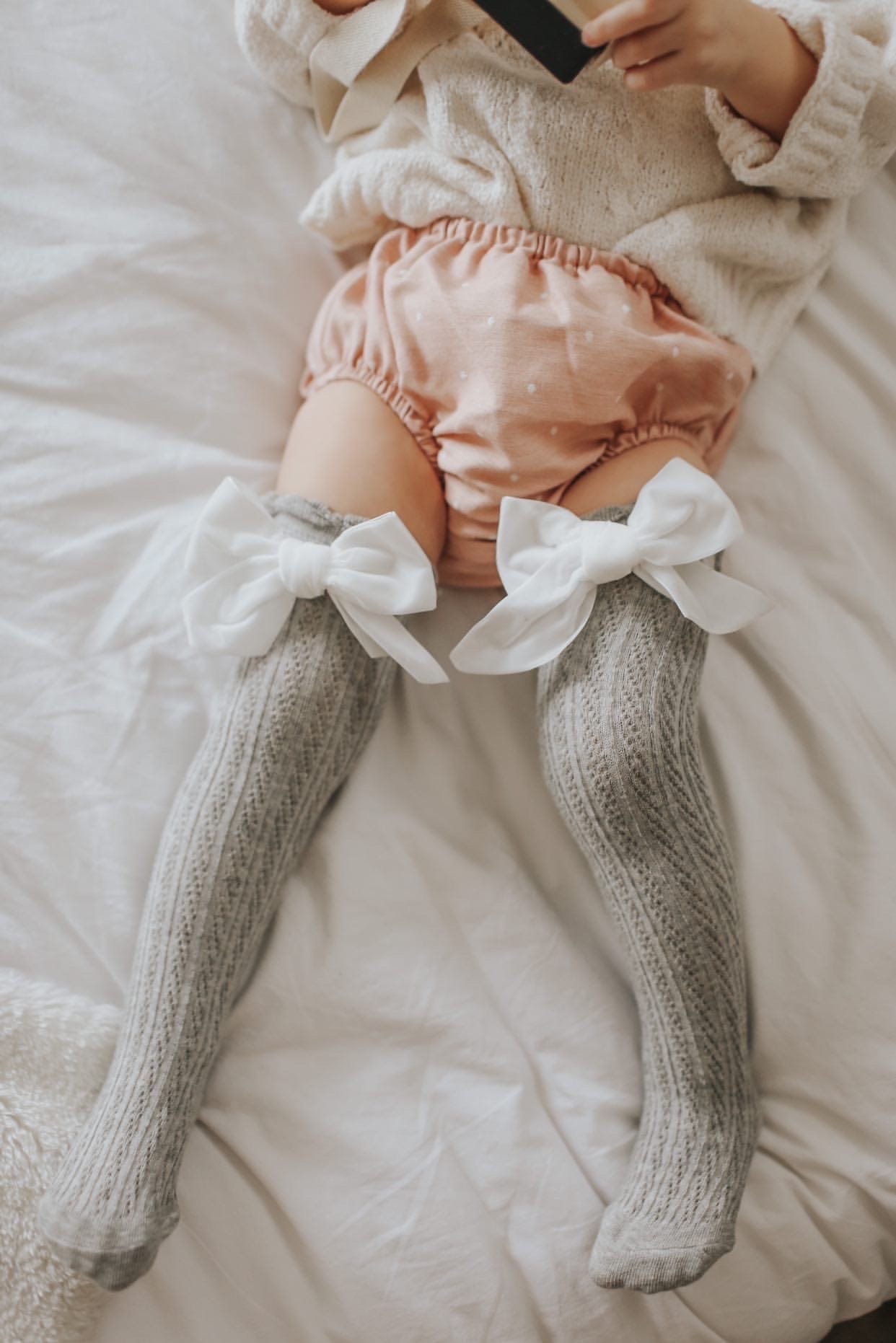Grey Knee High Socks with Velvet Bows - Petit Maison Kids
