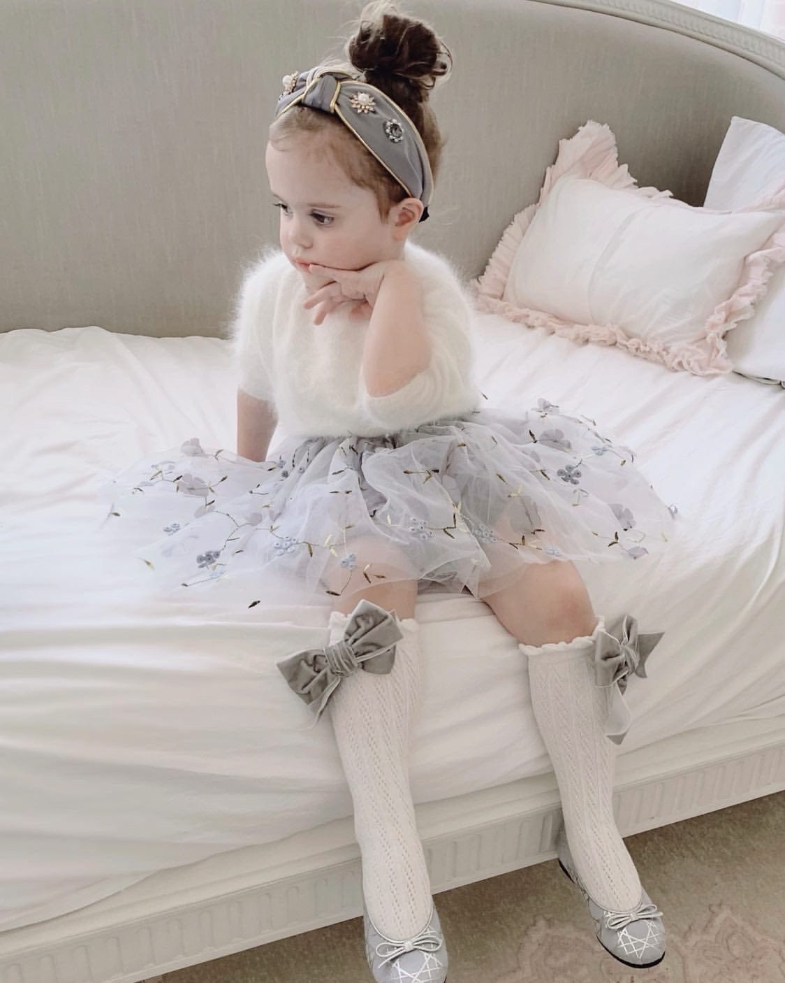 White Knee High Socks with Velvet Bows - Petite Maison Kids