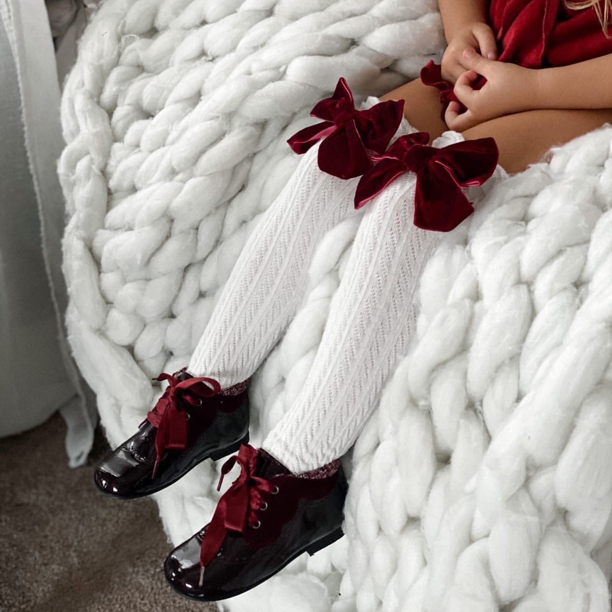 White Knee High Socks with Velvet Bows - Petite Maison Kids