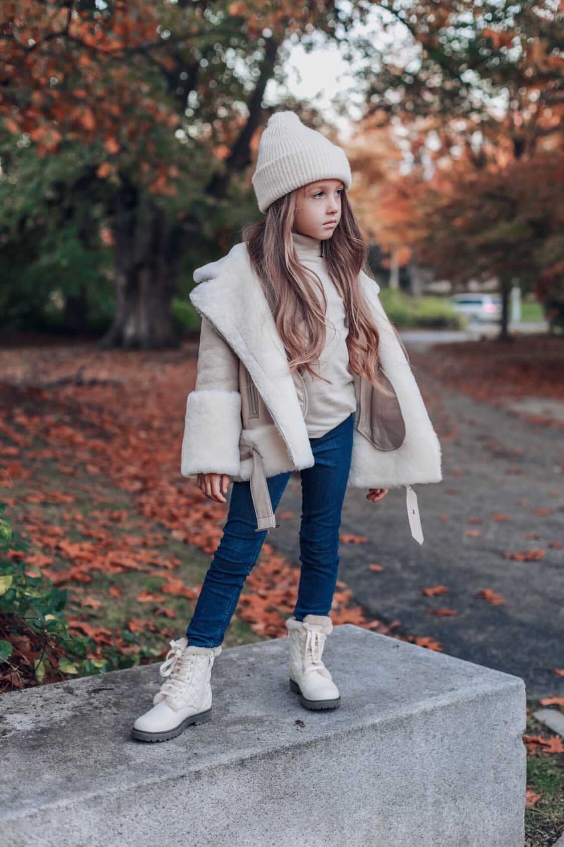 Beige Sheepskin Leather Jacket - Petite Maison Kids