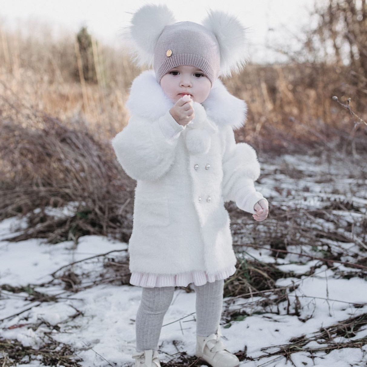 Dusty Beige Angora Double Pom Beanie Hat - Petit Maison Kids