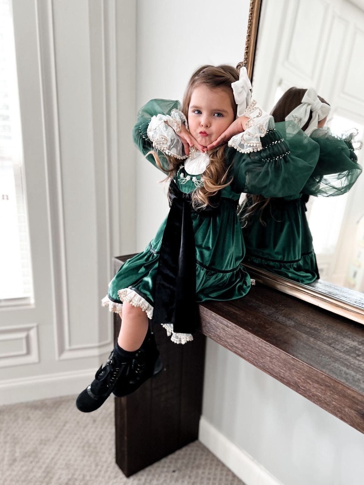 Aurora Royal Green Velour Dress - Petite Maison Kids