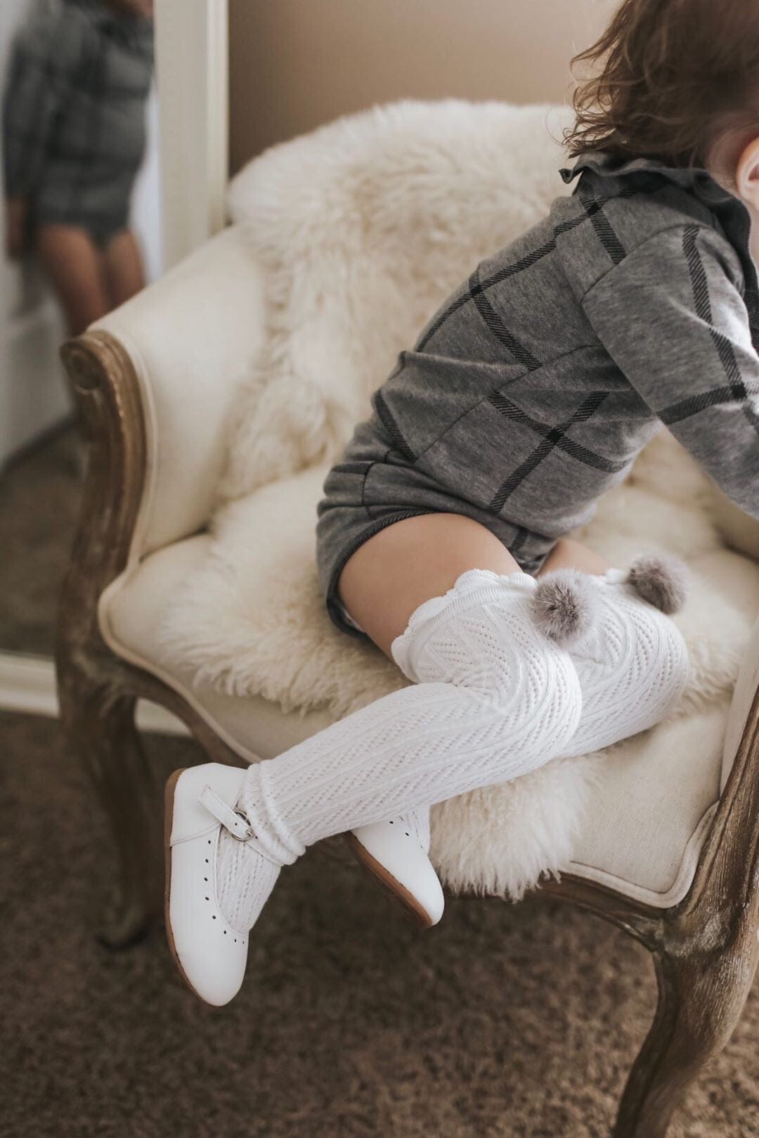 White Knee High Socks with Poms - Petit Maison Kids