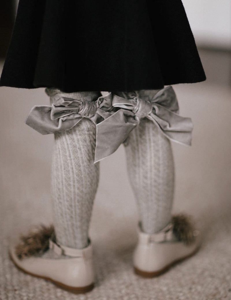 Grey Knee High Socks with Velvet Bows - Grey Bow