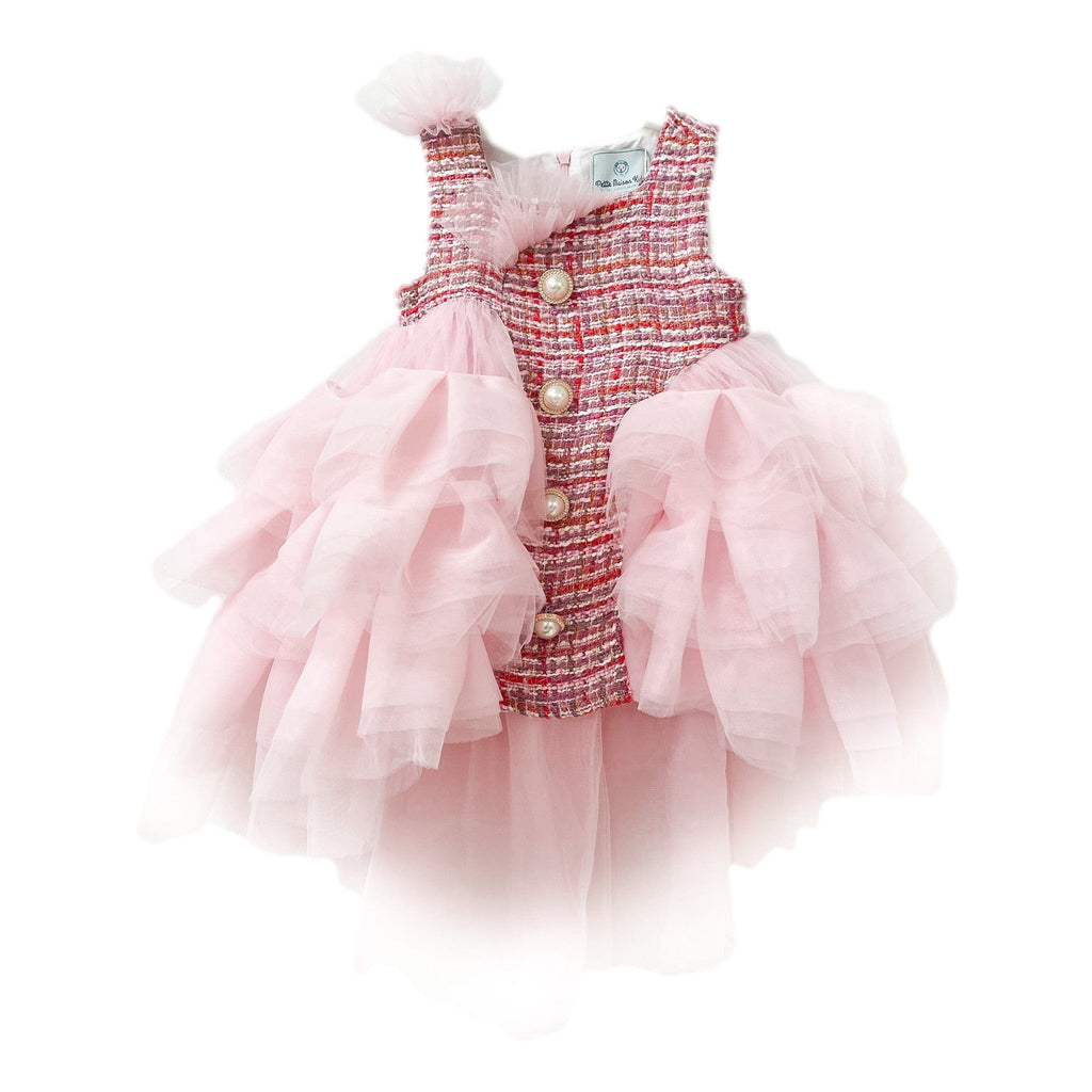 Kellie Pink Tweed Dress for girls featuring a pink and red tweed bodice with gold buttons and layered blush pink tulle skirt on white background.